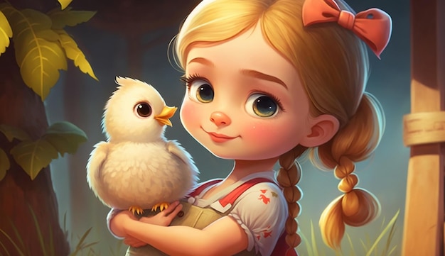 Cute Cartoon Farm Girl with Her Pet Chicken Generative AI