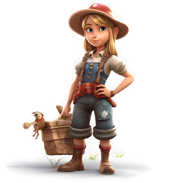 A cute cartoon farmer with a small toy dog White background