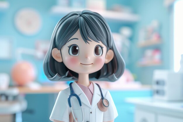 Cute cartoon female doctor with stethoscope standing in hospital room