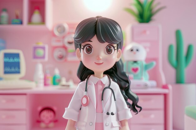 Cute cartoon female doctor with stethoscope standing in hospital room