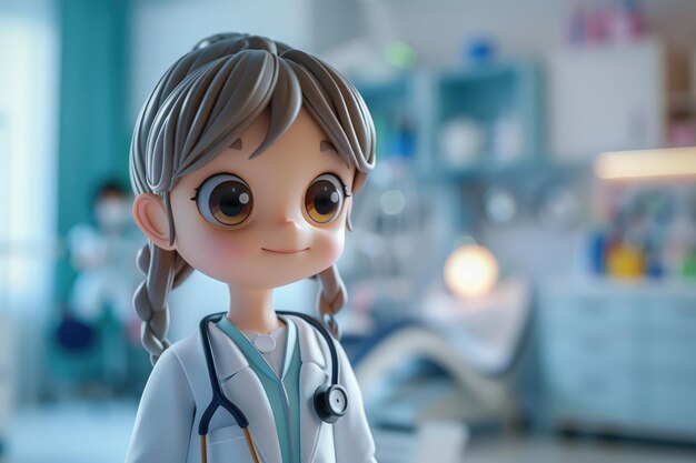 병원 방에 서 있는 스테토스코프를 가진 귀여운 만화 여성 의사
