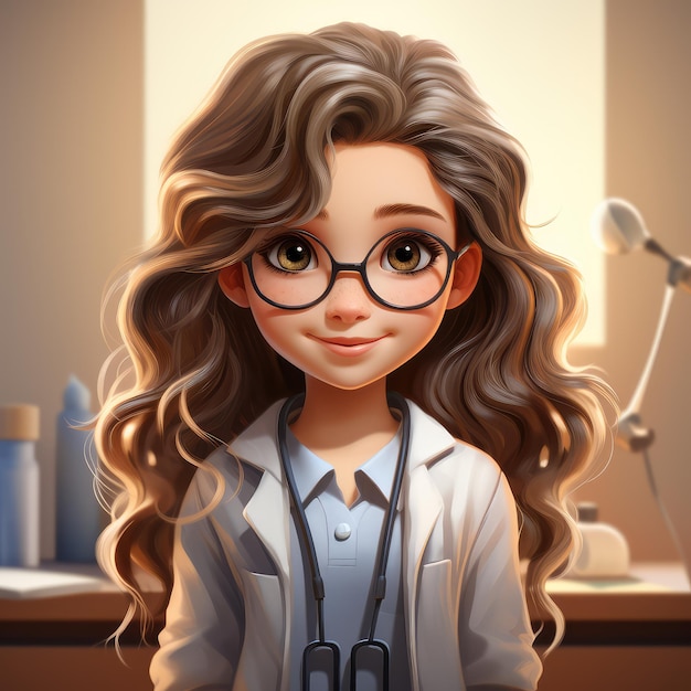 Cute cartoon female doctor with stethoscope with curly hairs