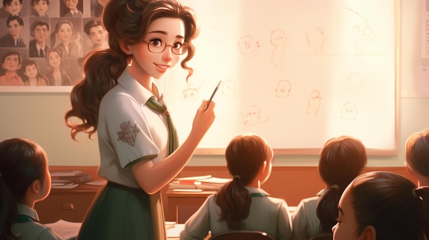 A cute cartoon female teacher teaches a lesson in a class of students