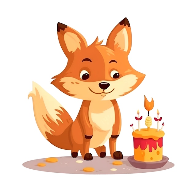 Cute cartoon fox with birthday cake Vector illustration isolated on white background