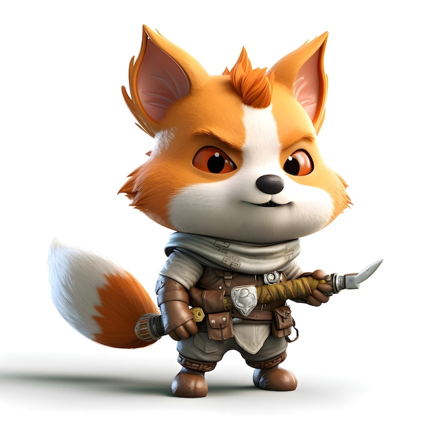 Cute cartoon fox with a knife in his hand White background