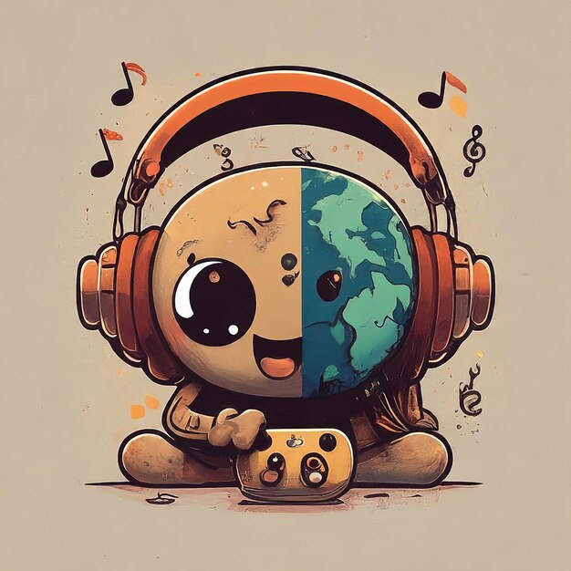 Photo cute cartoon funny music character vector illustration of music player in headphones with a bi