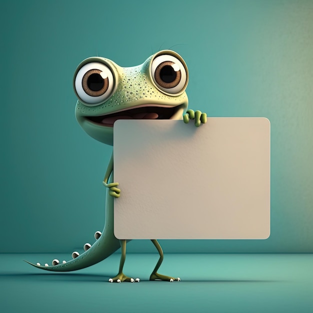 Cute Cartoon Gecko Holding a Whiteboard with Room for Text