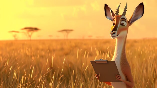 Photo cute cartoon gerenuk standing on the african savannah at sunset holding a clipboard