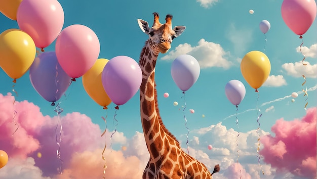 Photo cute cartoon giraffe with balloons