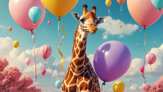 Cute cartoon giraffe with balloons