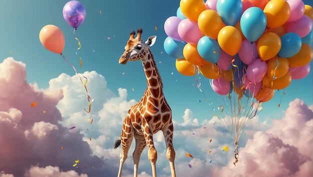 Photo cute cartoon giraffe with balloons