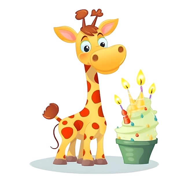 Фото Милый мультфильмный жираф с тортом и свечами векторная иллюстрация