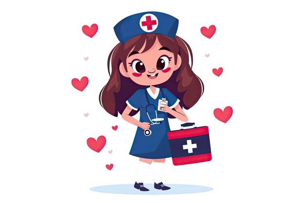 Photo a cute cartoon girl dressed as a nurse in a royal blue uniform holding a first aid kit surrounded by