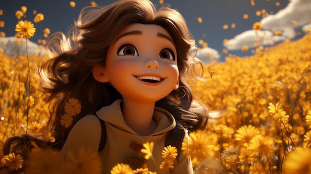 A cute cartoon girl in a field of yellow flowers