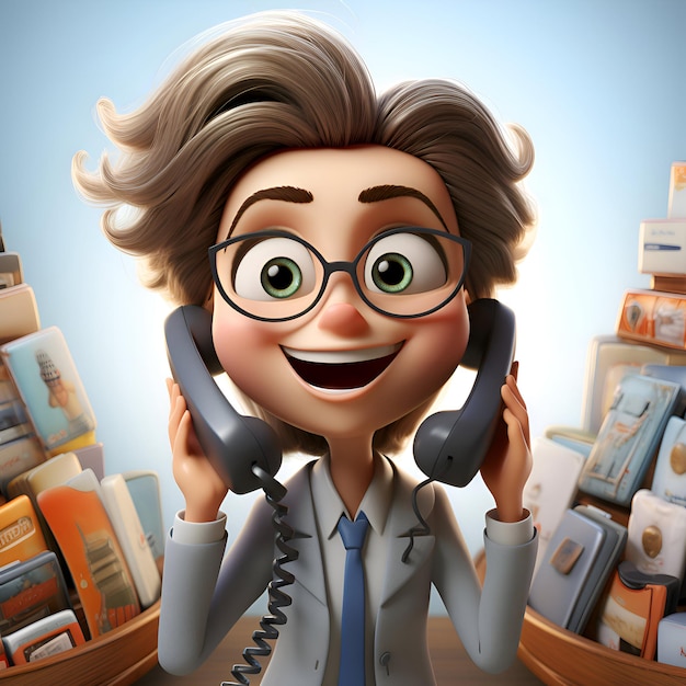 Cute cartoon girl in glasses holding a telephone handset and smiling