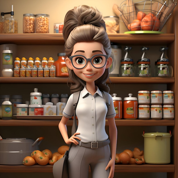 Cute cartoon girl in a grocery store 3D rendering