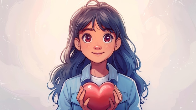 손에 은 심장을 들고 있는 귀여운 만화 소녀 세계 보건의 날