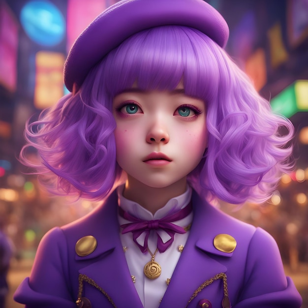 A cute cartoon girl illustration with purple short hair posing