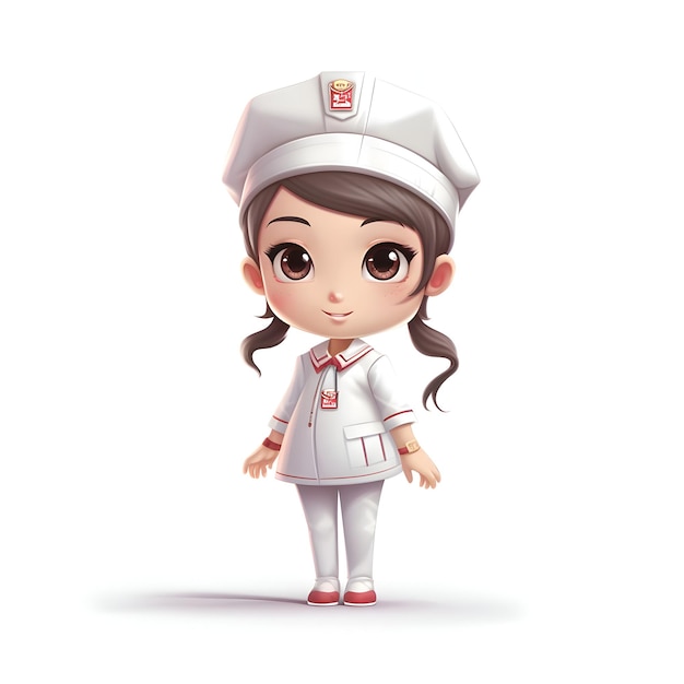 흰색 배경에 격리된 간호사 유니폼 3d 렌더링을 입은 귀여운 만화 소녀