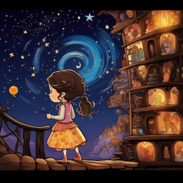 Photo cute cartoon girl outside the window under the night sky with fireflies children book style