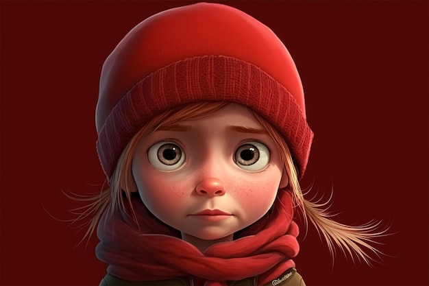 Cute cartoon girl portrait in a red hat and scarf