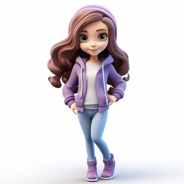 Photo cute cartoon girl in purple jacket and jeans 3d preview