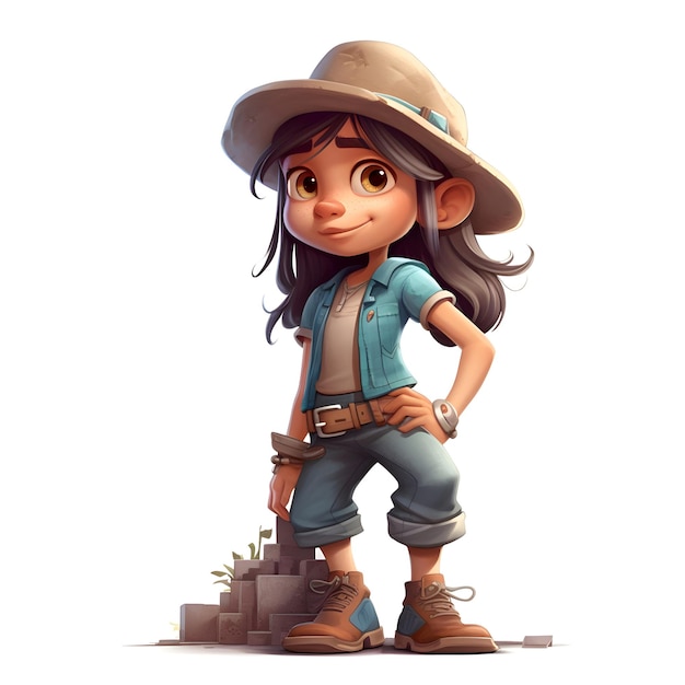 Cute cartoon girl in safari outfit with hat and boots