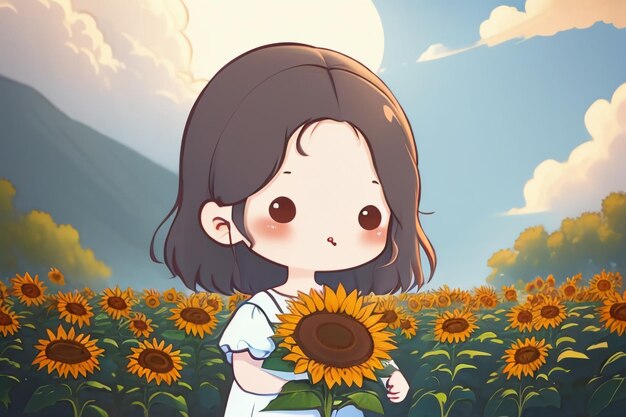 Cute cartoon girl standing on yellow sunflower field background wallpaper illustration