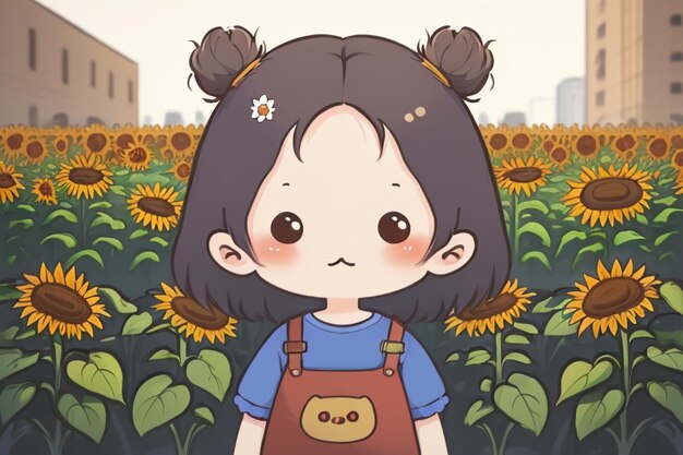 Cute cartoon girl standing on yellow sunflower field background wallpaper illustration