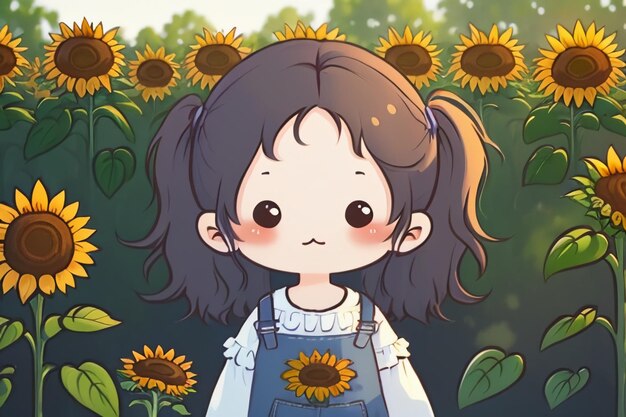 Cute cartoon girl standing on yellow sunflower field background wallpaper illustration