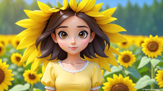 A cute cartoon girl in sunflower field wallpaper