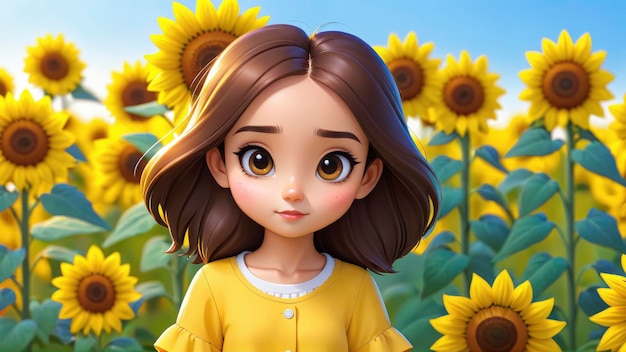 A cute cartoon girl in sunflower field wallpaper