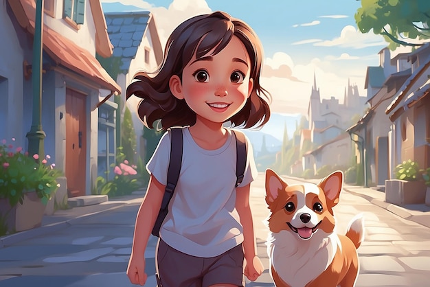 Cute Cartoon Girl Walking With Her pet Dog