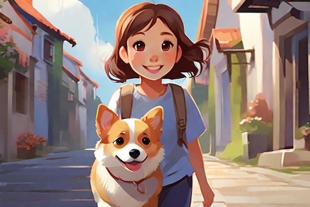 Cute Cartoon Girl Walking With Her pet Dog