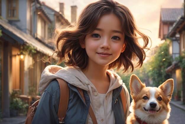 Cute Cartoon Girl Walking With Her pet Dog