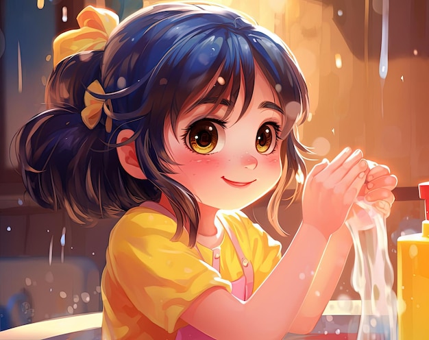 cute cartoon girl washing her hands in the style of gutai group