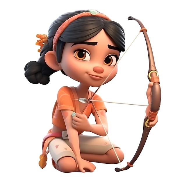 Photo cute cartoon girl with bow and arrow isolated over white