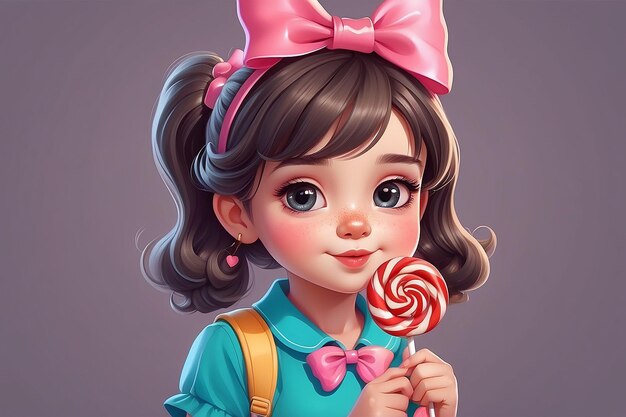 Cute Cartoon Girl with bow and lollipop