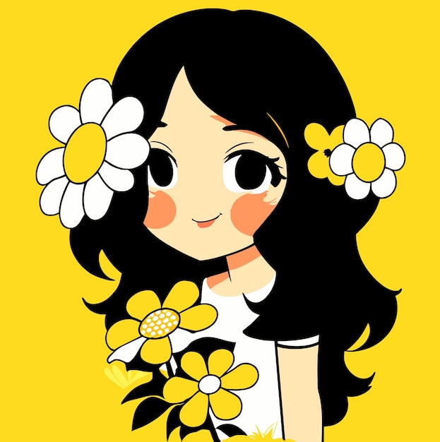 사진 꽃 일러스트를 가진 귀여운 만화 소녀 귀여운 아이 치비 스타일