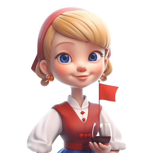 Cute cartoon girl with a glass of wine Isolated on white background