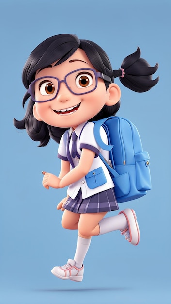 メガネと冒険の準備ができたバックパックを持つかわいい漫画の女の子