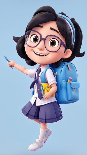 A cute cartoon girl with glasses and a backpack