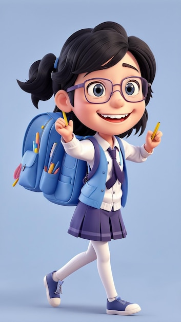 A cute cartoon girl with glasses and a backpack