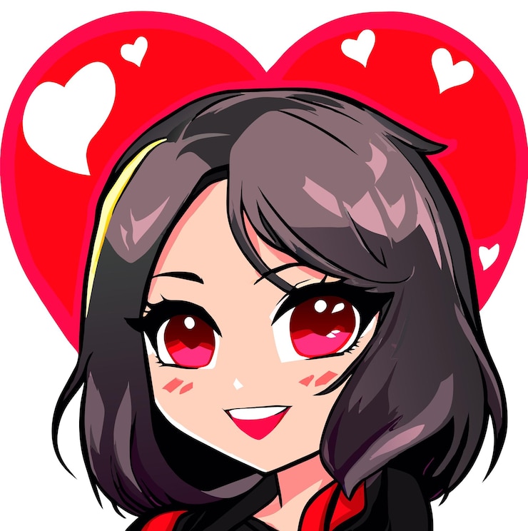 Photo cute cartoon girl with heart sticker in kawaii chibi style illustration