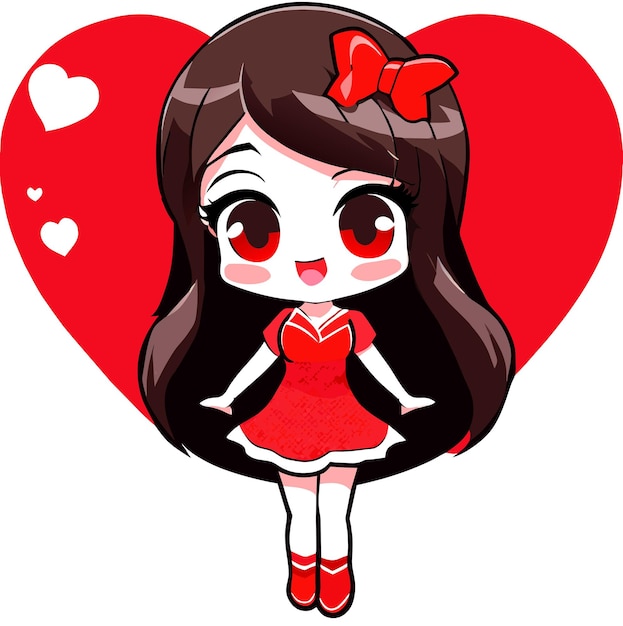 Cute cartoon girl with heart sticker in kawaii chibi style illustration