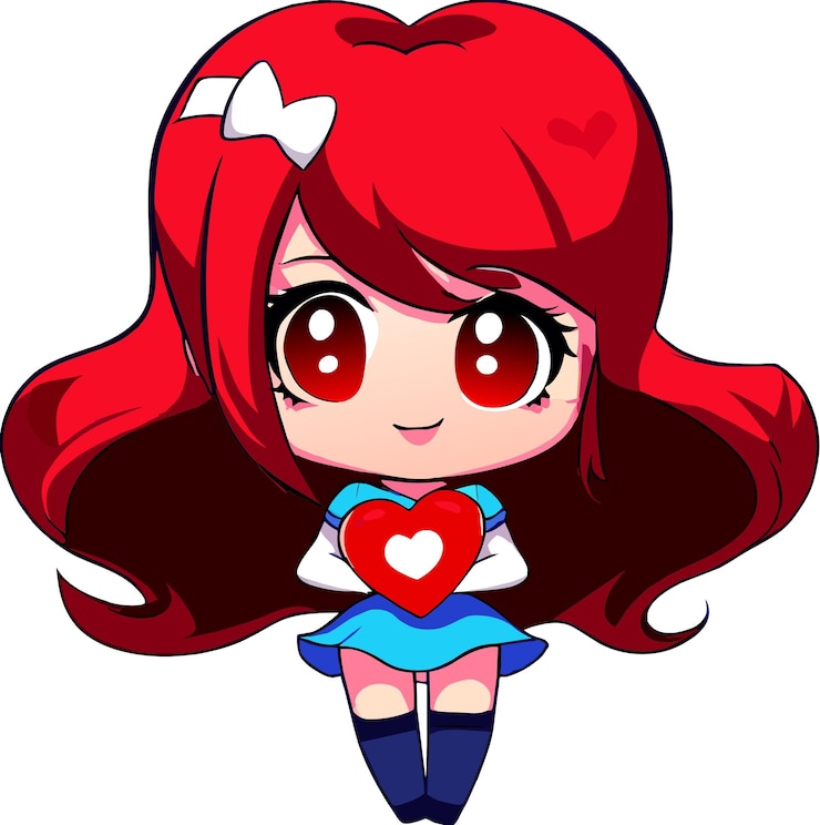 Photo cute cartoon girl with heart sticker in kawaii chibi style illustration