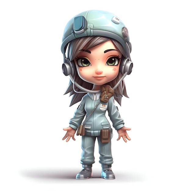 Cute cartoon girl with helmet and headset 3d rendering