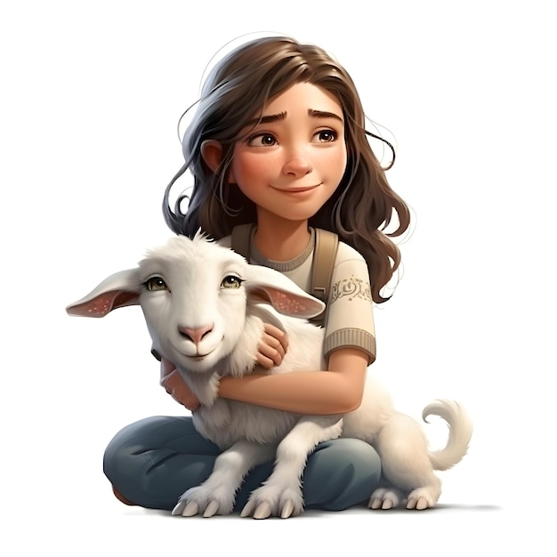 Cute cartoon girl with white goat isolated on white 3d rendering