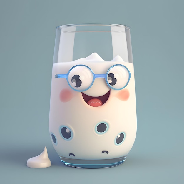 cute cartoon glass of milk with a smile on a minimalist blue background