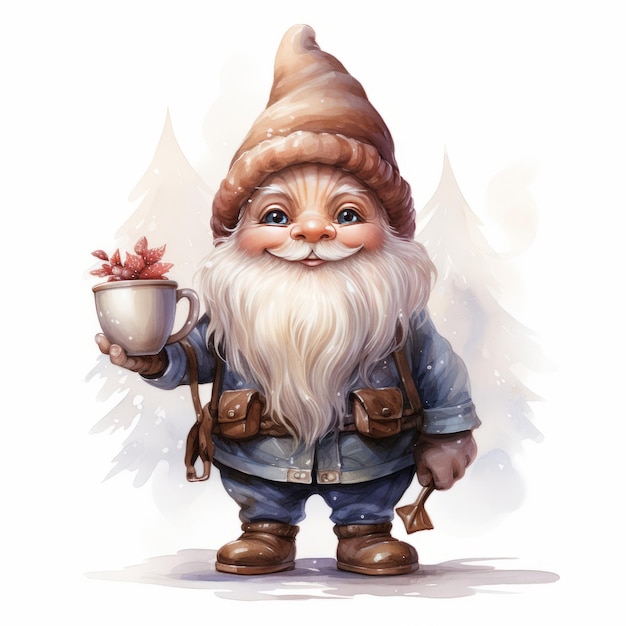 Cute cartoon gnome with a mug of hot chocolate Christmas illustration